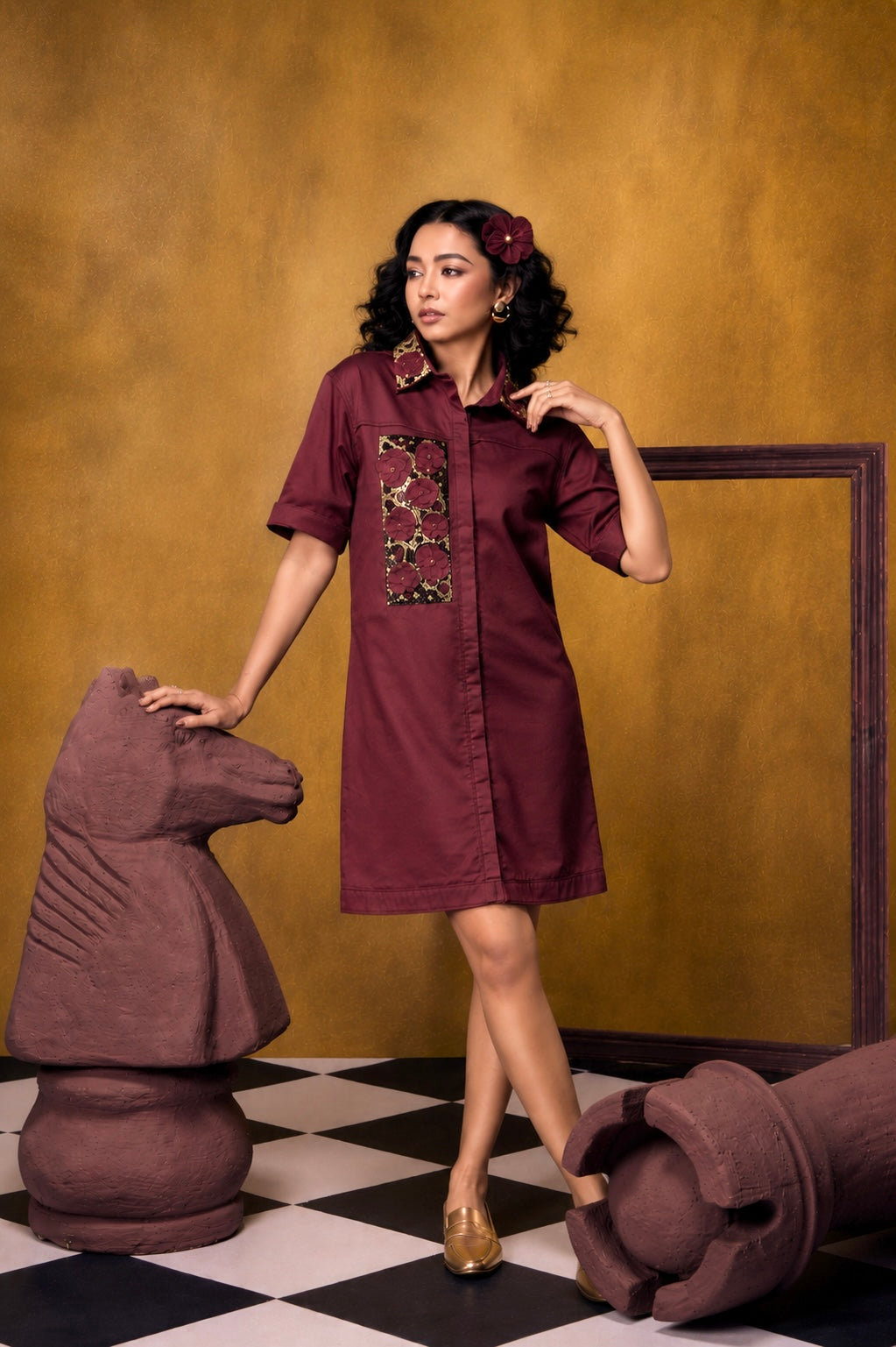 Denim Blush Dress (Maroon)