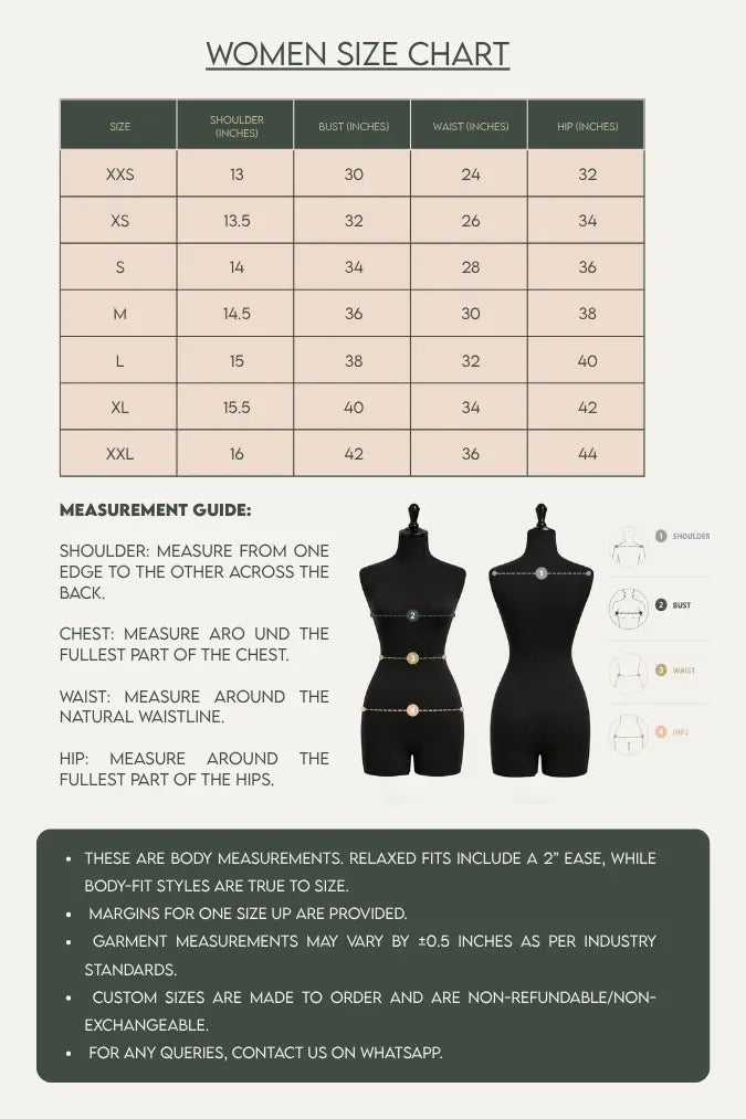 Size chart for clothing measurements in inches and centimeters on a white background
