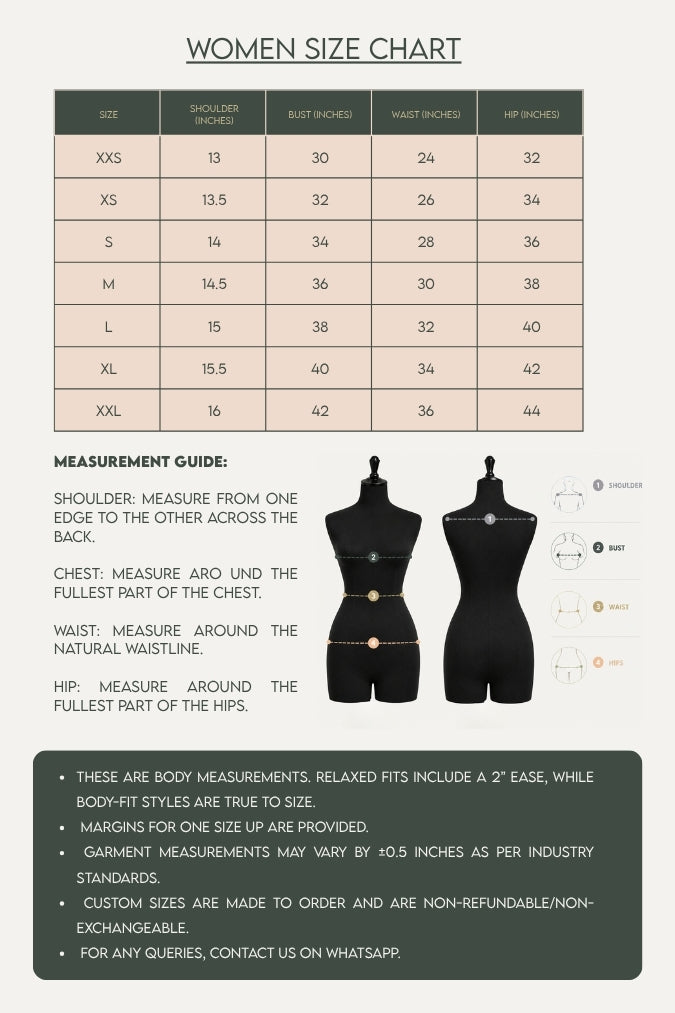Size chart for clothing measurements in inches and centimeters on a green background