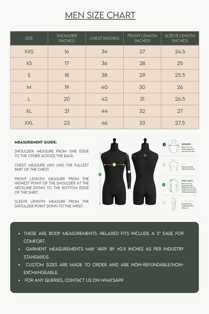 Size chart for shirts with measurements in inches