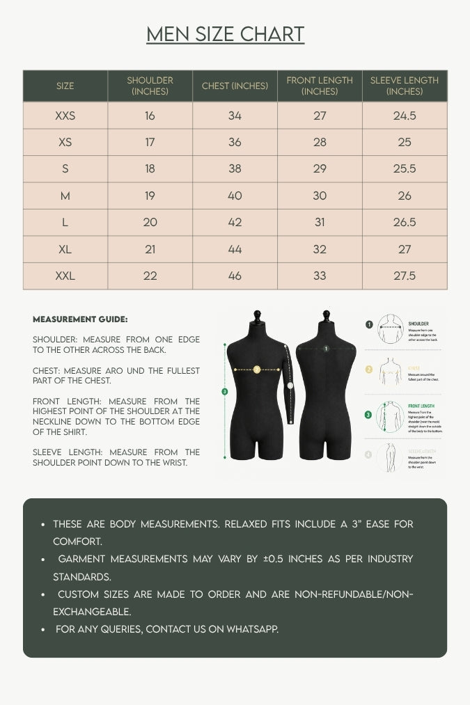 Size chart for clothing measurements with a green border and white background