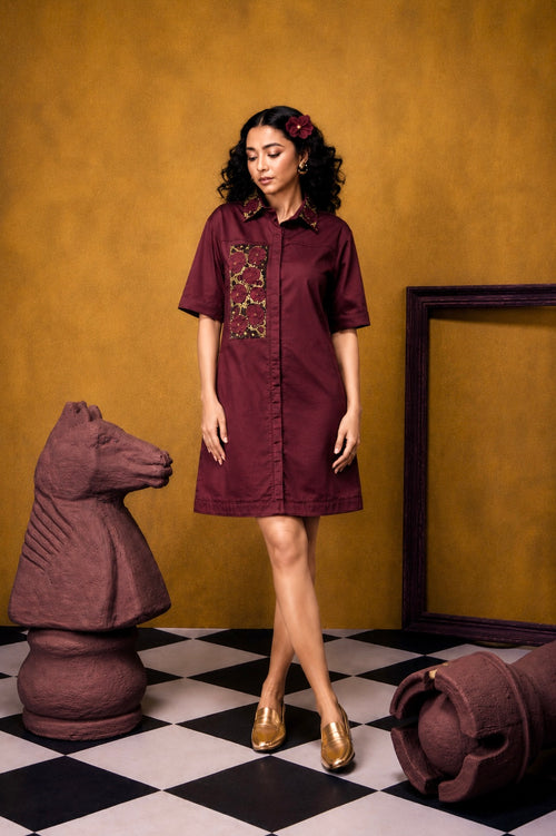 Denim Blush Dress (Maroon)